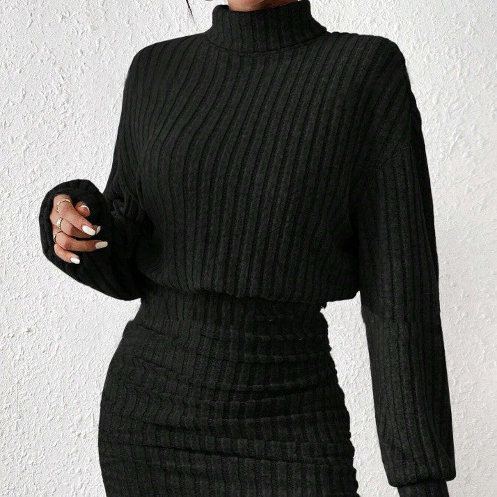 Ribbed turtleneck sweater dress with blouson top and ruched bodycon skirt - view 7