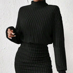 Ribbed turtleneck sweater dress with blouson top and ruched bodycon skirt - view 7