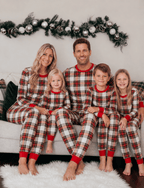 Matching red and white plaid family Christmas pajamas with red ribbed cuffs - view 14