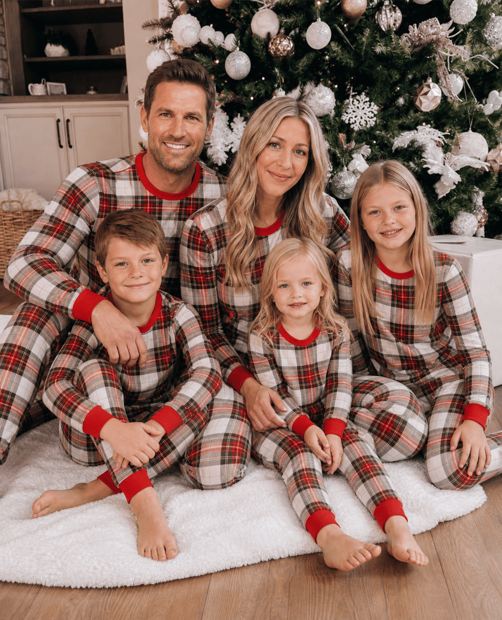 Matching red and white plaid family Christmas pajamas with red ribbed cuffs - view 15