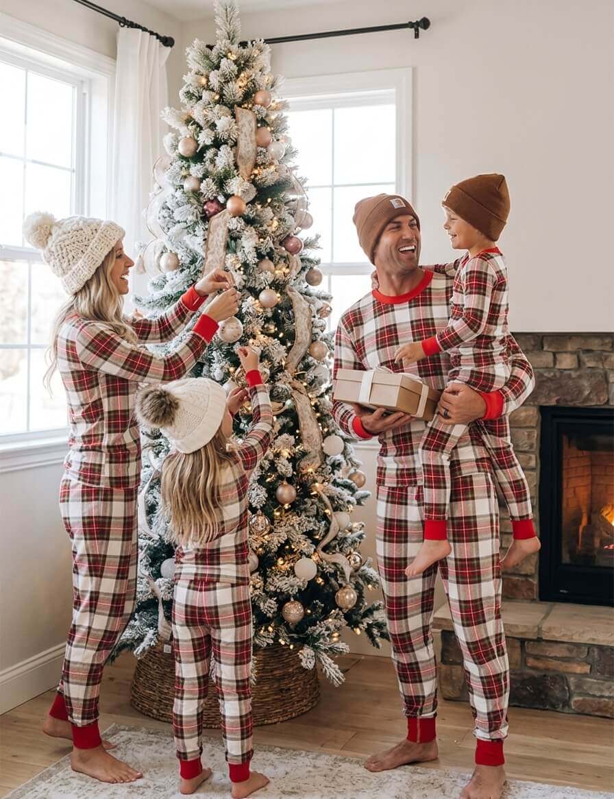 Matching red and white plaid family Christmas pajamas with red ribbed cuffs - view 2