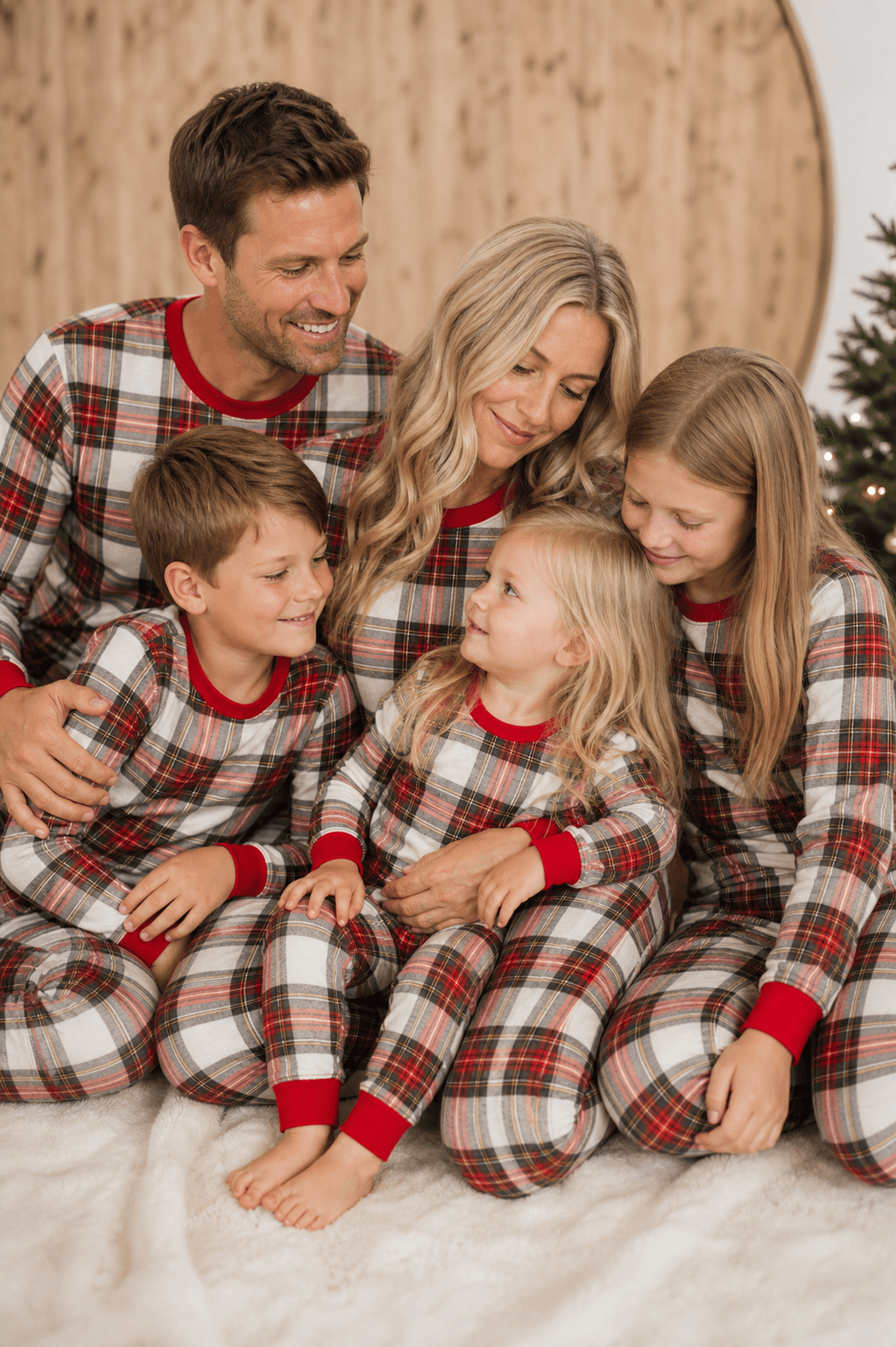 Matching red and white plaid family Christmas pajamas with red ribbed cuffs - view 4