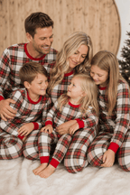 Matching red and white plaid family Christmas pajamas with red ribbed cuffs - view 4