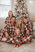 Matching red and white plaid family Christmas pajamas with red ribbed cuffs - view 5