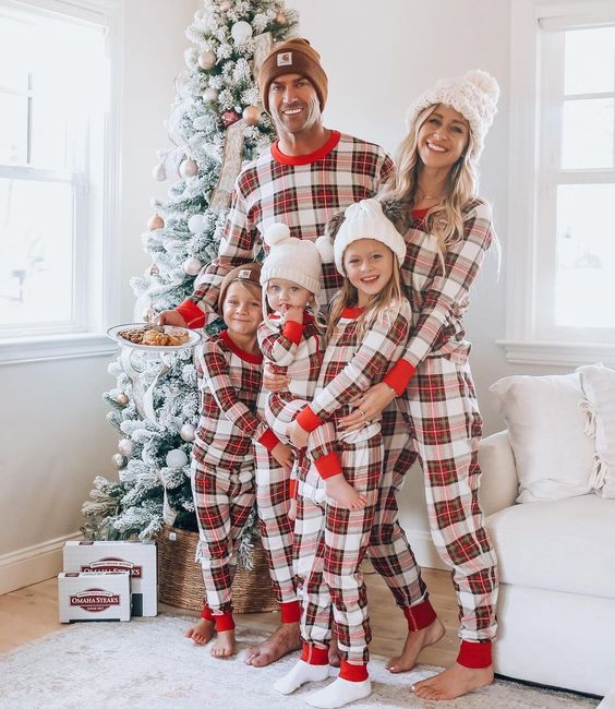 Matching red and white plaid family Christmas pajamas with red ribbed cuffs - view 6