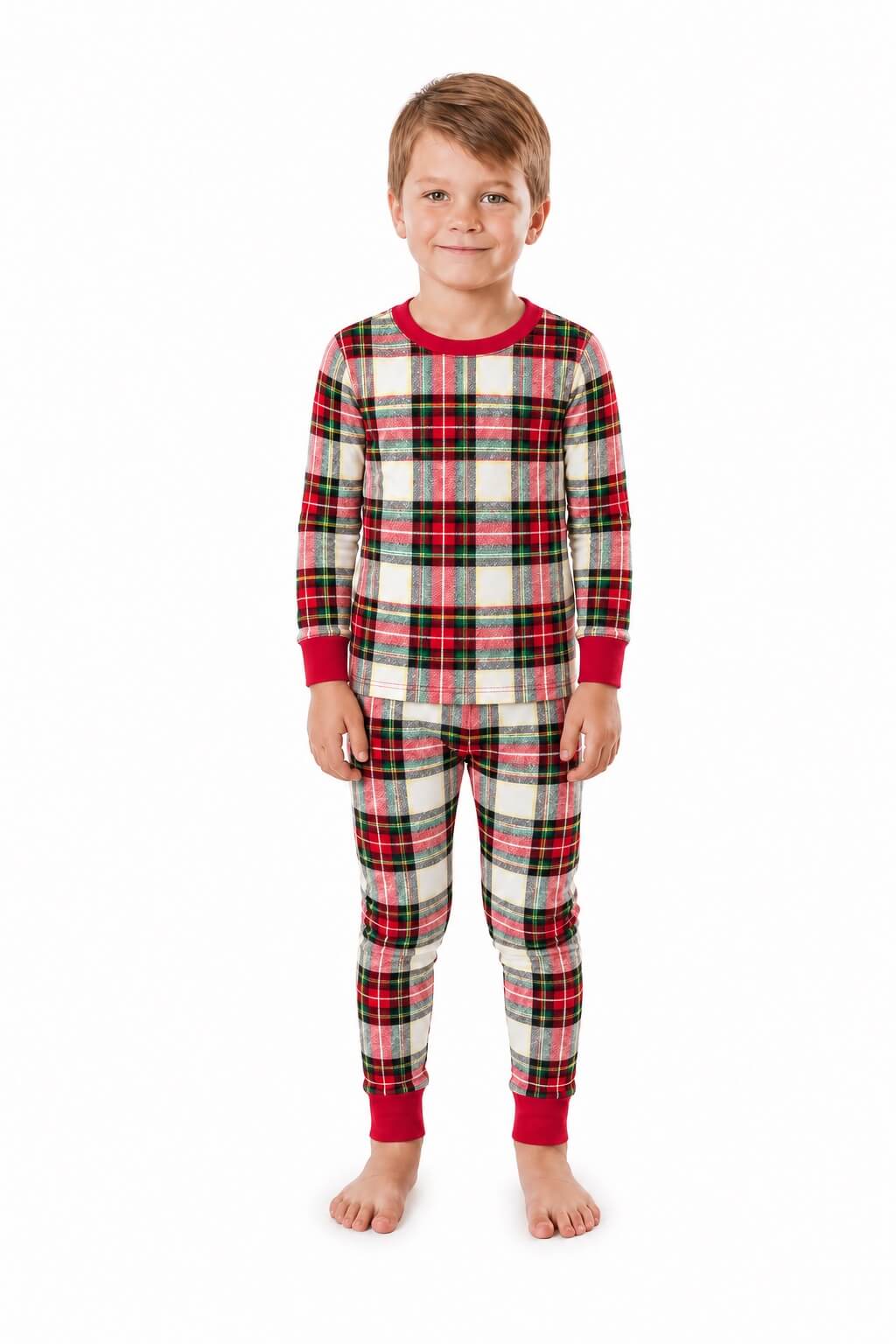 Matching red and white plaid family Christmas pajamas with red ribbed cuffs - view 9