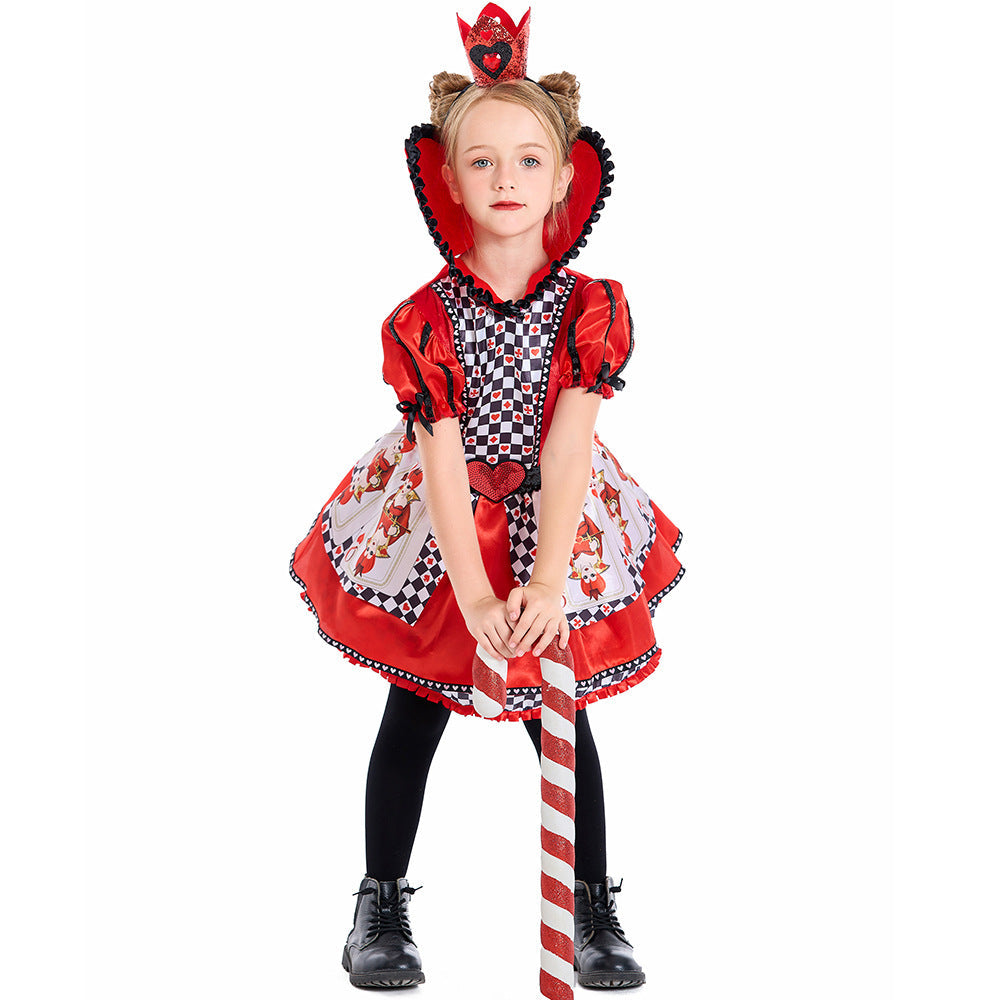 Girls red heart queen costume dress with checkered bodice, heart collar and crown headband