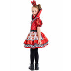 Girls red heart queen costume dress with checkered bodice, heart collar and crown headband - view 3