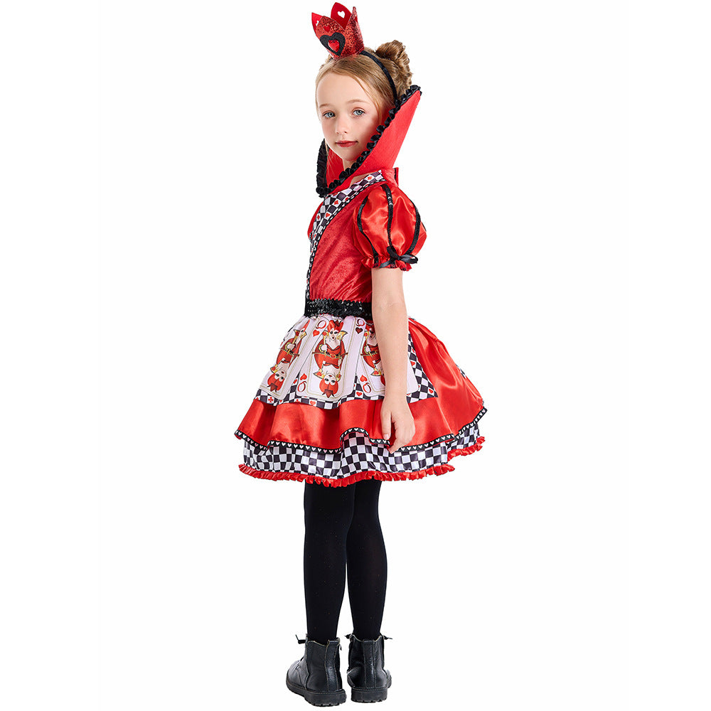 Girls red heart queen costume dress with checkered bodice, heart collar and crown headband - view 3