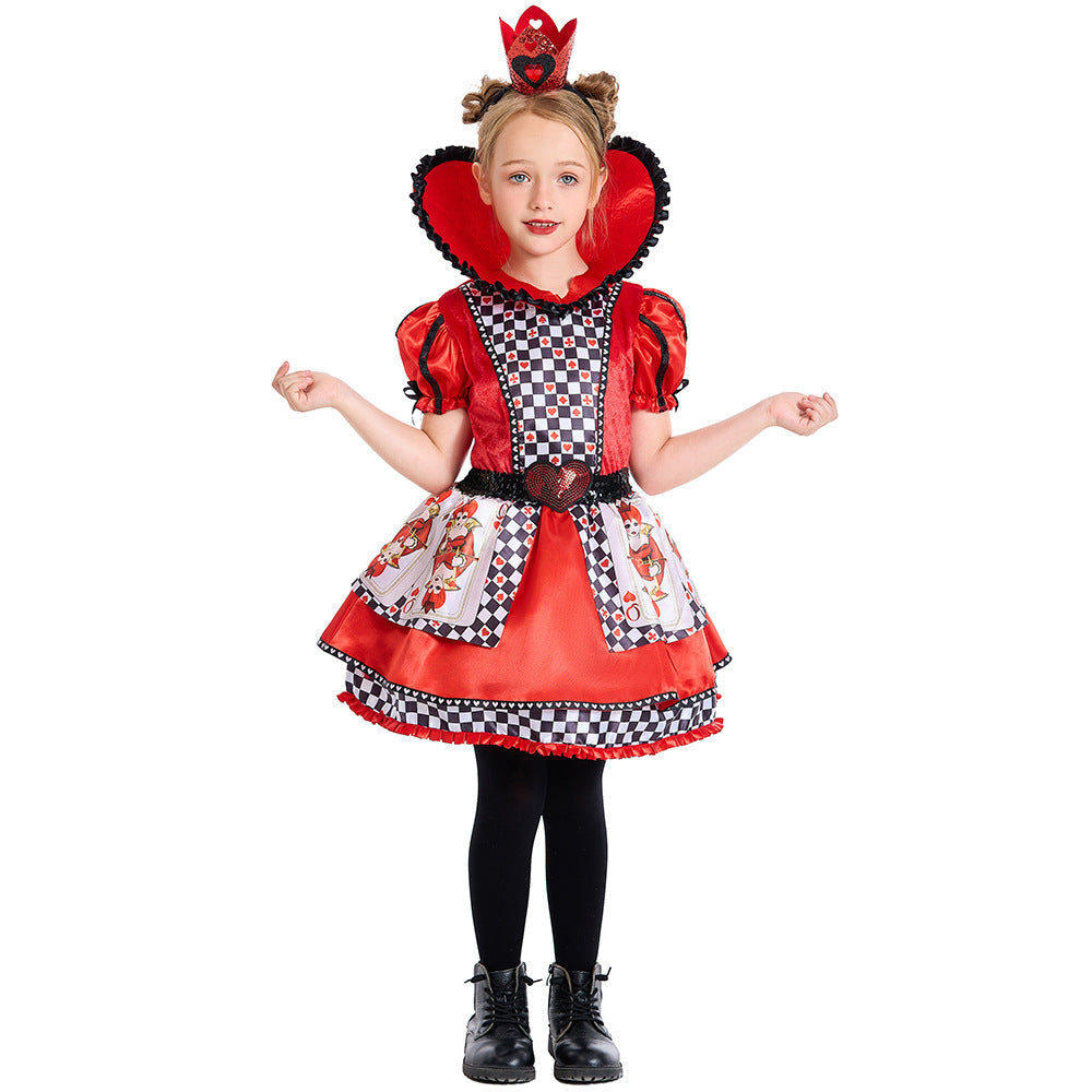Girls red heart queen costume dress with checkered bodice, heart collar and crown headband - view 4