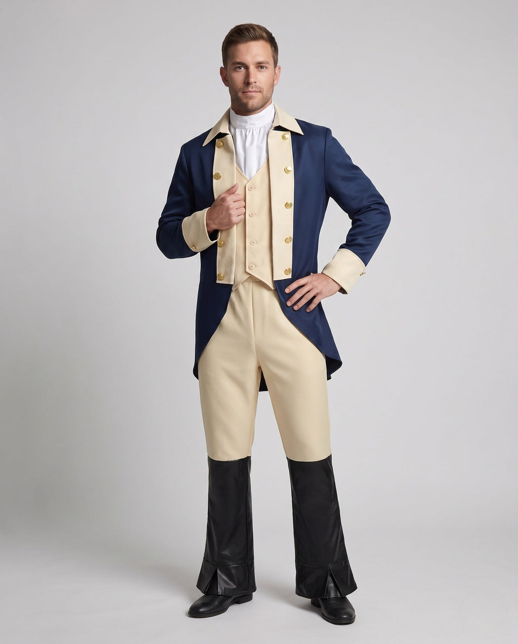 Men's colonial costume with navy tailcoat, cream vest and cream pants