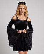 Black velvet off-shoulder mini dress with lace bell sleeves - view 2