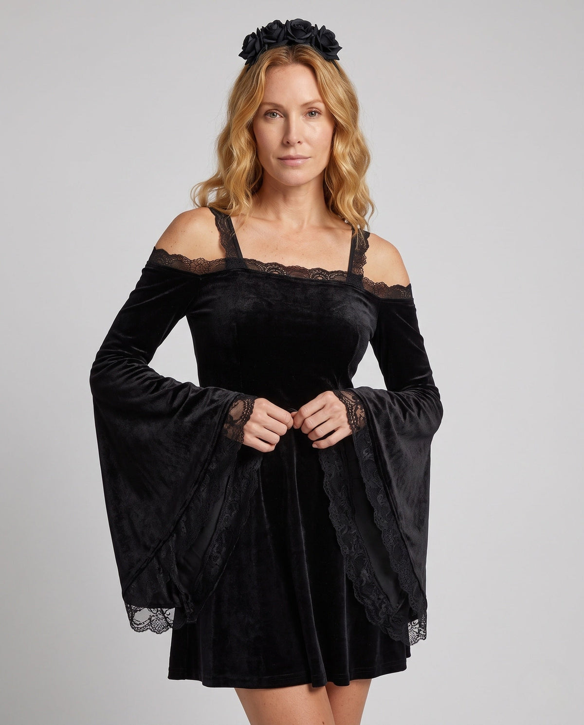 Black velvet off-shoulder mini dress with lace bell sleeves - view 2