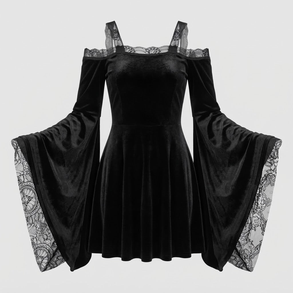 Black velvet off-shoulder mini dress with lace bell sleeves - view 5