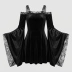 Black velvet off-shoulder mini dress with lace bell sleeves - view 5