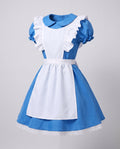 Woman wearing a blue fairytale costume dress with a white ruffled apron and Peter Pan collar - view 5