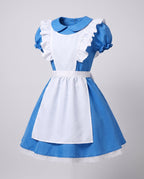 Woman wearing a blue fairytale costume dress with a white ruffled apron and Peter Pan collar - view 5