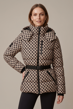 Hooded quilted winter jacket for women with belted waist and zip pockets