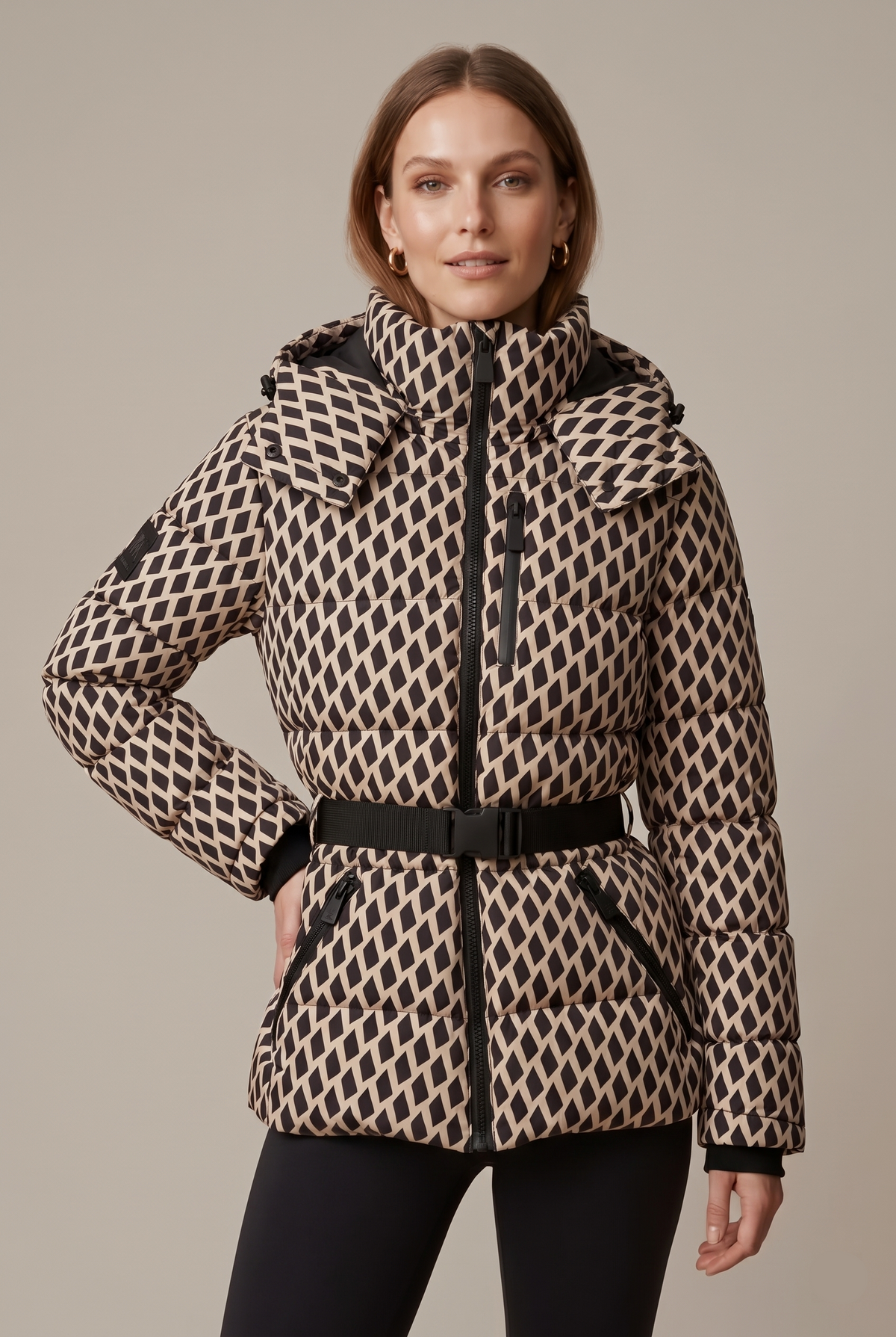 Hooded quilted winter jacket for women with belted waist and zip pockets