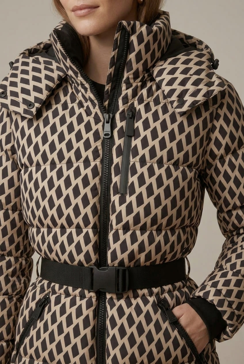 Hooded quilted winter jacket for women with belted waist and zip pockets - view 2