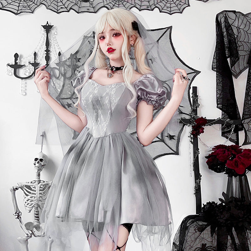 Gray gothic bride Halloween costume dress with lace bodice, satin puff sleeves and layered tulle skirt