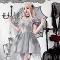 Gray gothic bride Halloween costume dress with lace bodice, satin puff sleeves and layered tulle skirt
