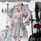 Gray gothic bride Halloween costume dress with lace bodice, satin puff sleeves and layered tulle skirt