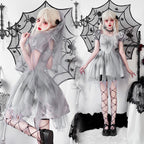 Gray gothic bride Halloween costume dress with lace bodice, satin puff sleeves and layered tulle skirt - view 2