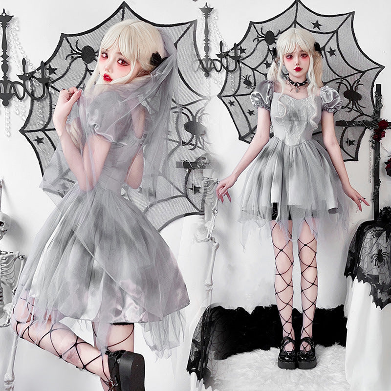 Gray gothic bride Halloween costume dress with lace bodice, satin puff sleeves and layered tulle skirt - view 2