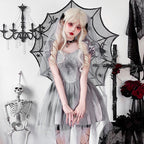 Gray gothic bride Halloween costume dress with lace bodice, satin puff sleeves and layered tulle skirt - view 3