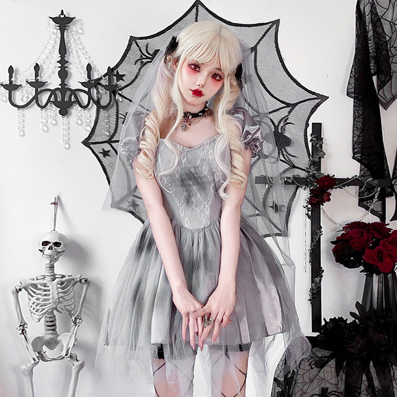 Gray gothic bride Halloween costume dress with lace bodice, satin puff sleeves and layered tulle skirt - view 3
