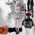 Gray gothic bride Halloween costume dress with lace bodice, satin puff sleeves and layered tulle skirt - view 4