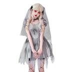 Gray gothic bride Halloween costume dress with lace bodice, satin puff sleeves and layered tulle skirt - view 5