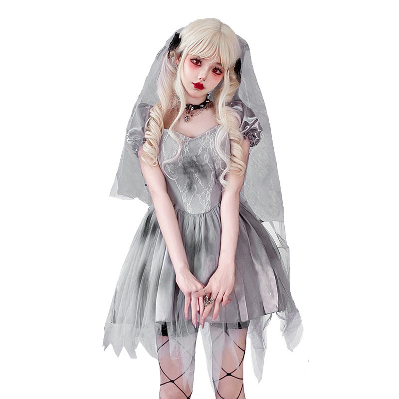 Gray gothic bride Halloween costume dress with lace bodice, satin puff sleeves and layered tulle skirt - view 5