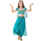 Girl wearing a turquoise princess costume with velvet-look crop top, satin harem pants and beaded mesh overlay