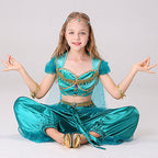 Girl wearing a turquoise princess costume with velvet-look crop top, satin harem pants and beaded mesh overlay - view 2