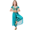 Girl wearing a turquoise princess costume with velvet-look crop top, satin harem pants and beaded mesh overlay - view 3