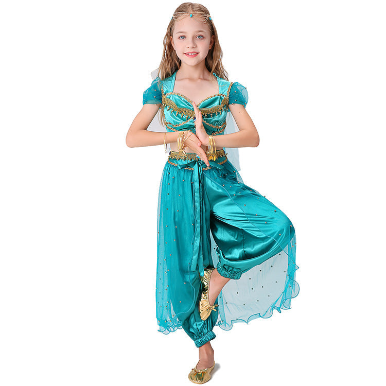 Girl wearing a turquoise princess costume with velvet-look crop top, satin harem pants and beaded mesh overlay - view 3