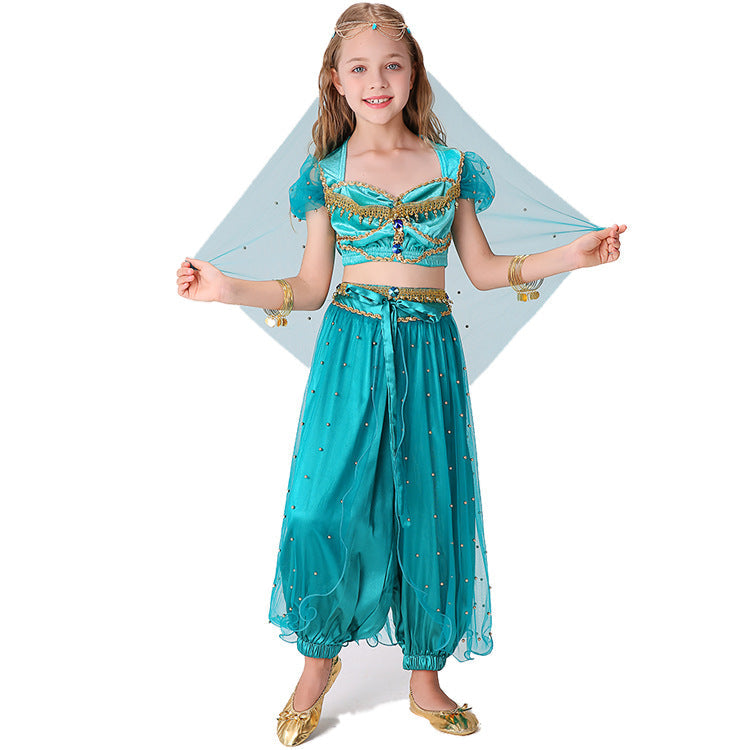 Girl wearing a turquoise princess costume with velvet-look crop top, satin harem pants and beaded mesh overlay - view 4