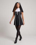 Women's nun Halloween costume, black A-line mini dress with white stand collar, cross print and veil