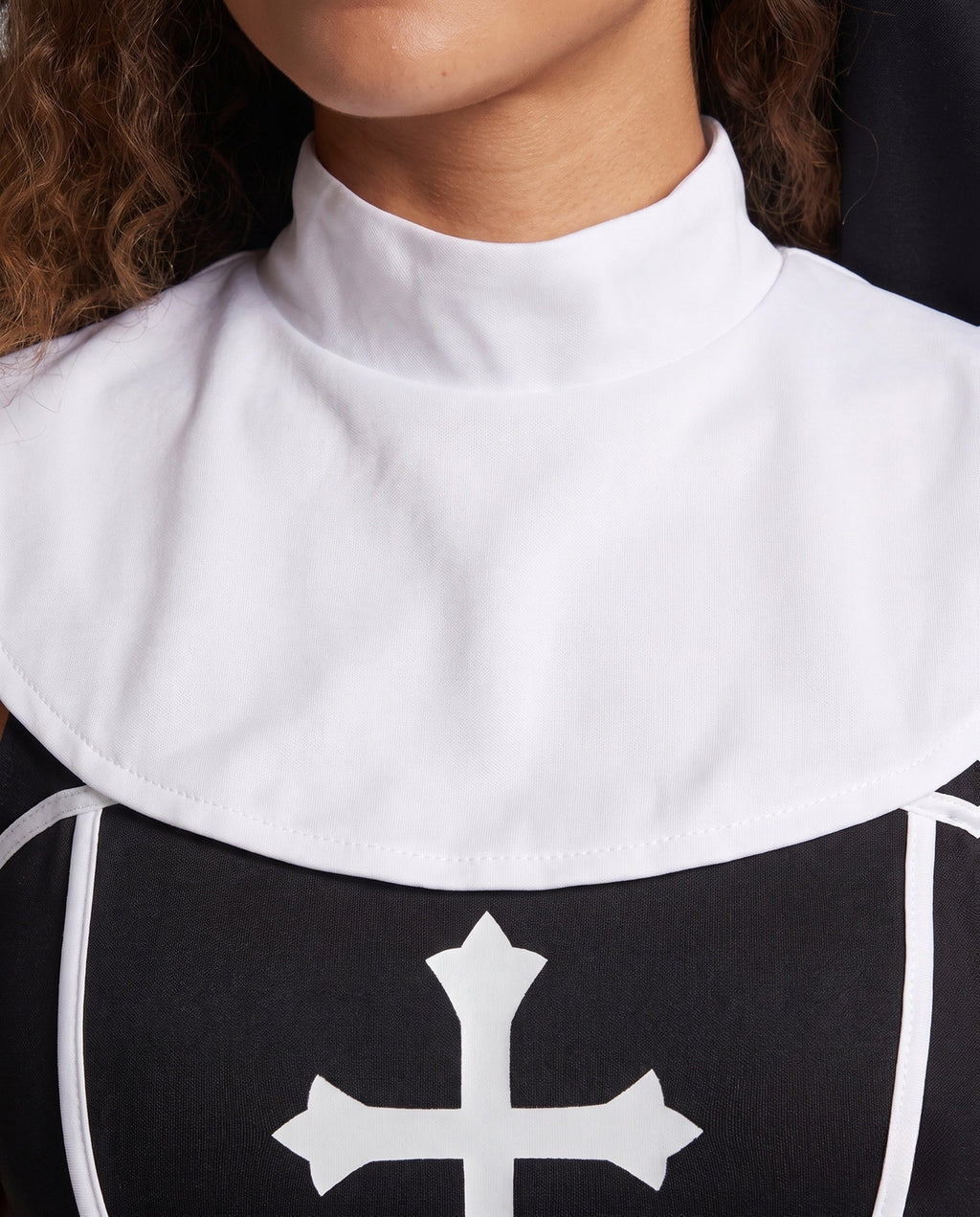 Women's nun Halloween costume, black A-line mini dress with white stand collar, cross print and veil - view 2