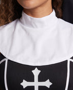 Women's nun Halloween costume, black A-line mini dress with white stand collar, cross print and veil - view 2