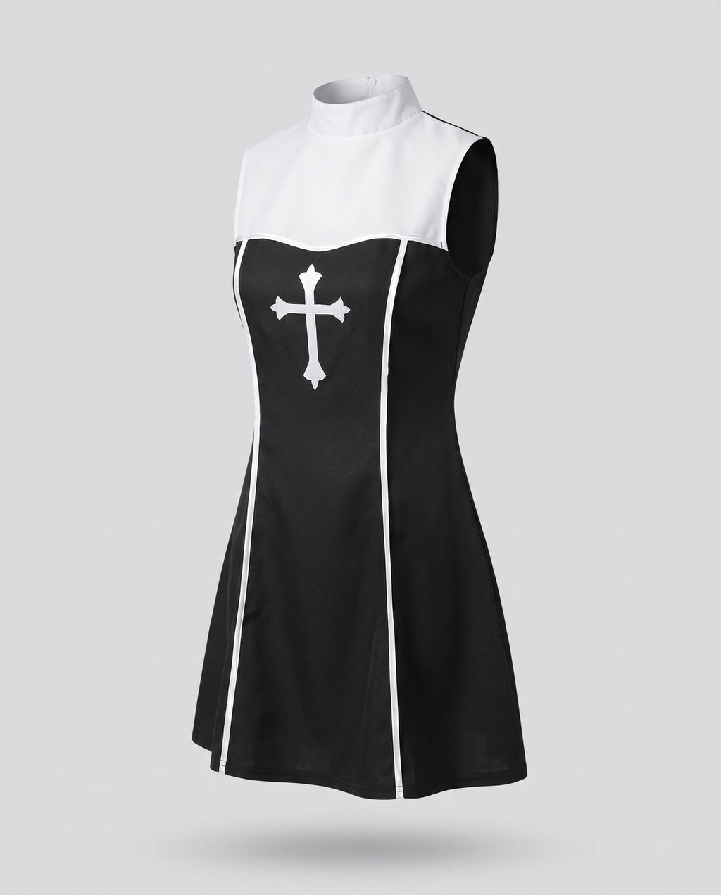 Women's nun Halloween costume, black A-line mini dress with white stand collar, cross print and veil - view 4