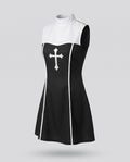 Women's nun Halloween costume, black A-line mini dress with white stand collar, cross print and veil - view 4