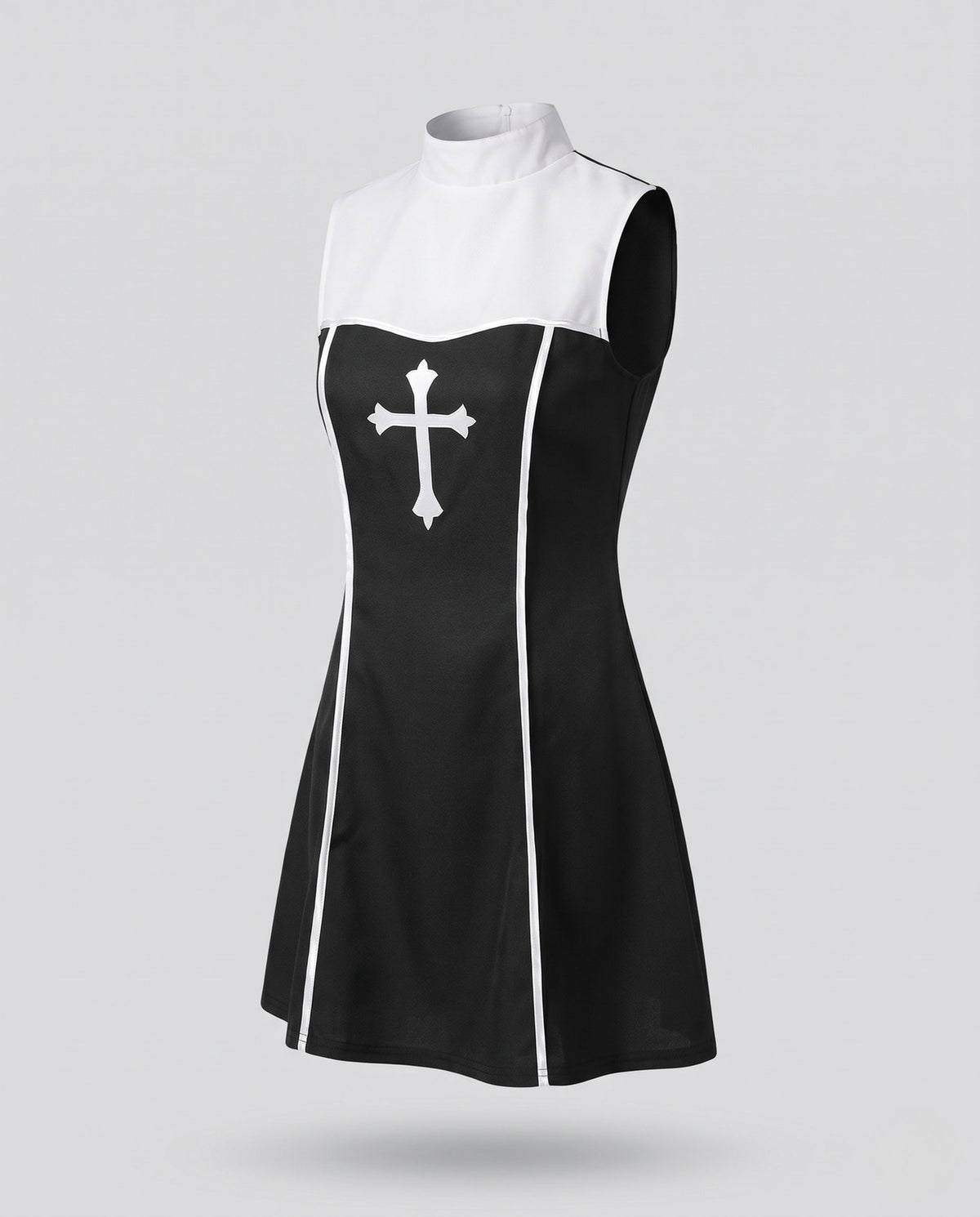 Women's nun Halloween costume, black A-line mini dress with white stand collar, cross print and veil - view 4