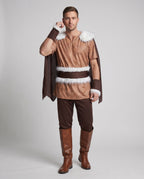 Men's brown Viking Halloween costume with suede-look tunic, white faux fur trim, cape and pants
