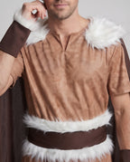 Men's brown Viking Halloween costume with suede-look tunic, white faux fur trim, cape and pants - view 2
