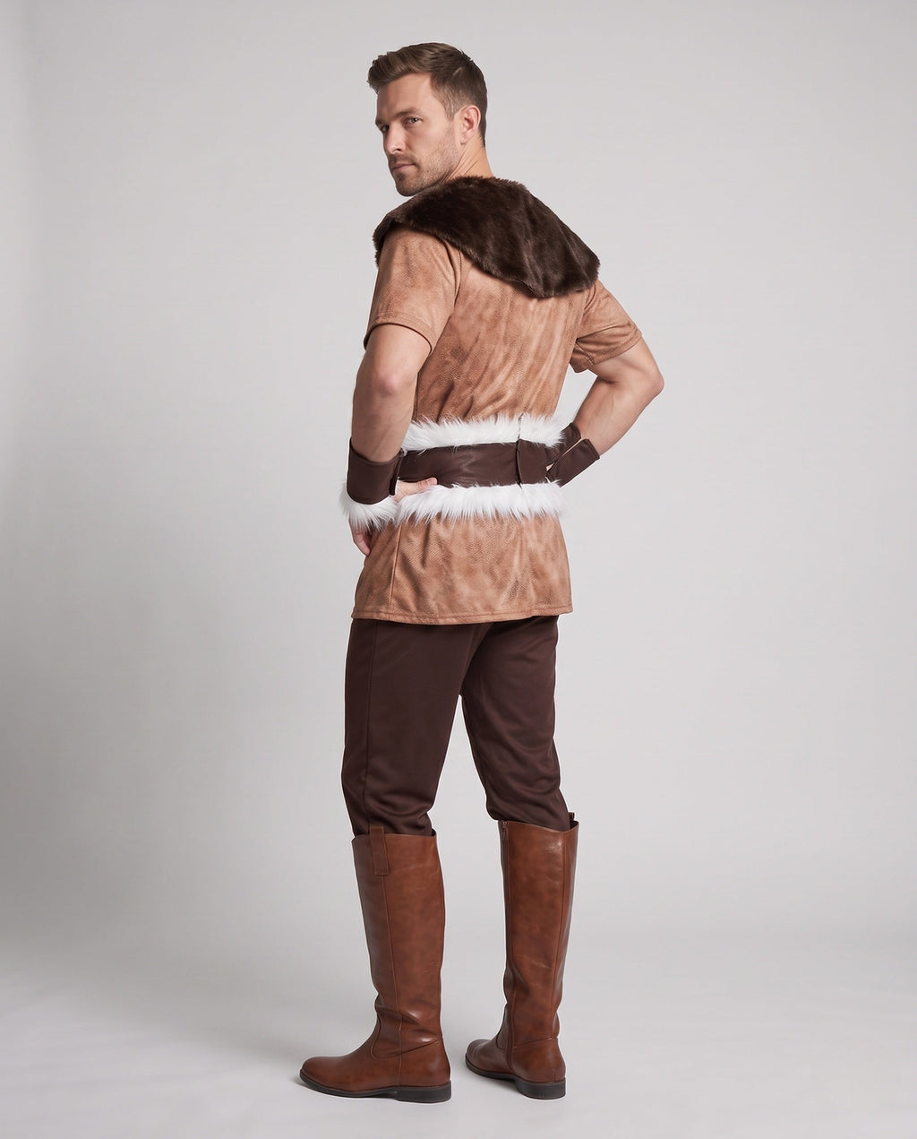 Men's brown Viking Halloween costume with suede-look tunic, white faux fur trim, cape and pants - view 3