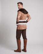 Men's brown Viking Halloween costume with suede-look tunic, white faux fur trim, cape and pants - view 3