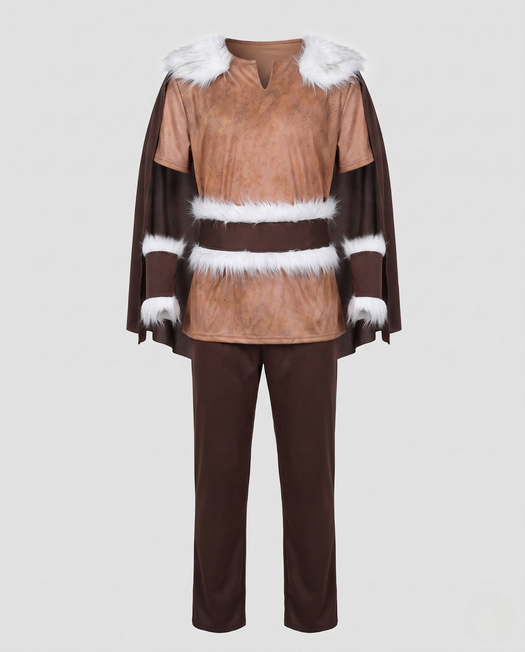 Men's brown Viking Halloween costume with suede-look tunic, white faux fur trim, cape and pants - view 4